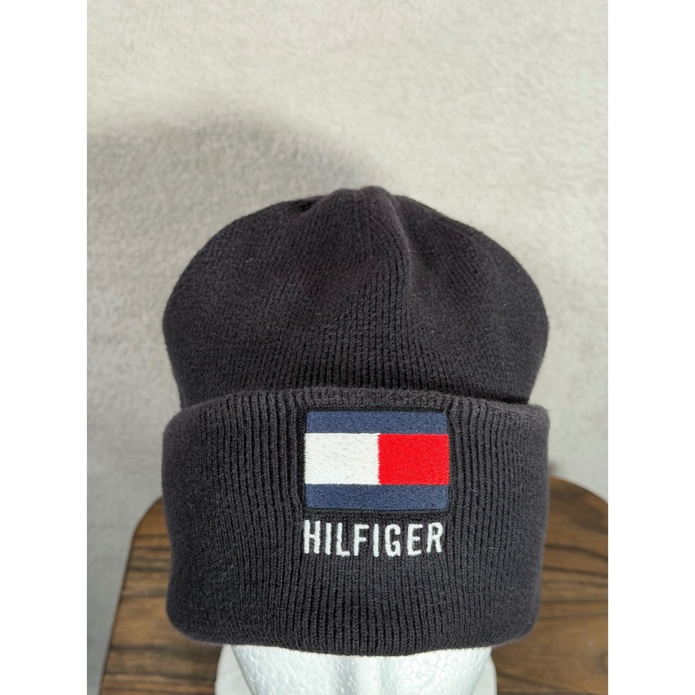 Tommy Hilfiger Mens Navy Blue Cotton Knit Flag Logo Patch Beanie Hat Y2K